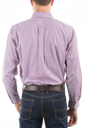 A man is seen from the back wearing the Thomas Cook Wentworth Shirt, featuring a red, white, and blue check pattern in 100% cotton, with dark blue jeans, set against a plain white background.