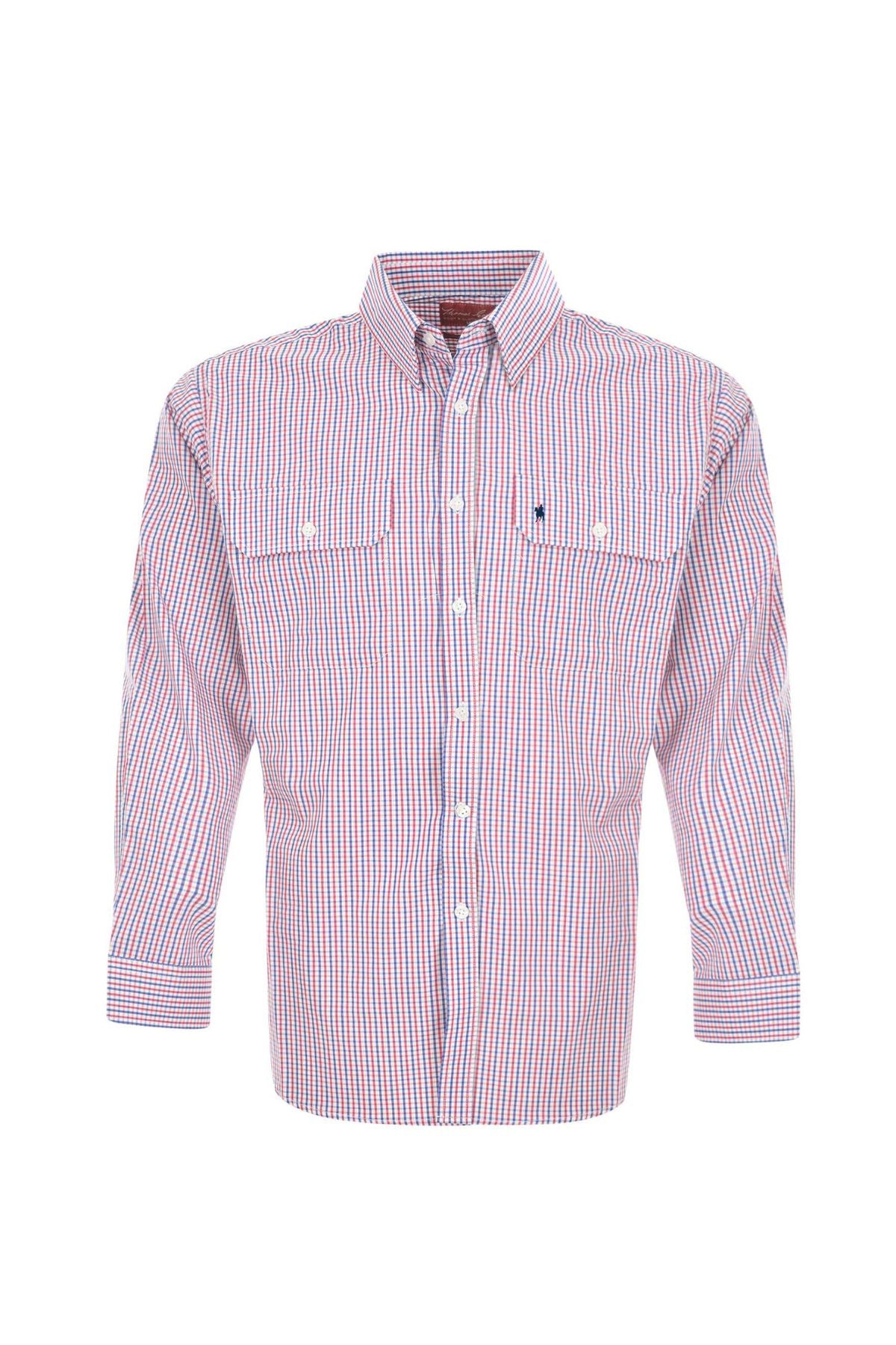 The Thomas Cook Wentworth Shirt is a long-sleeve, 100% cotton button-up featuring a red, white, and blue small check pattern, button-down collar, and two chest pockets with button flaps.