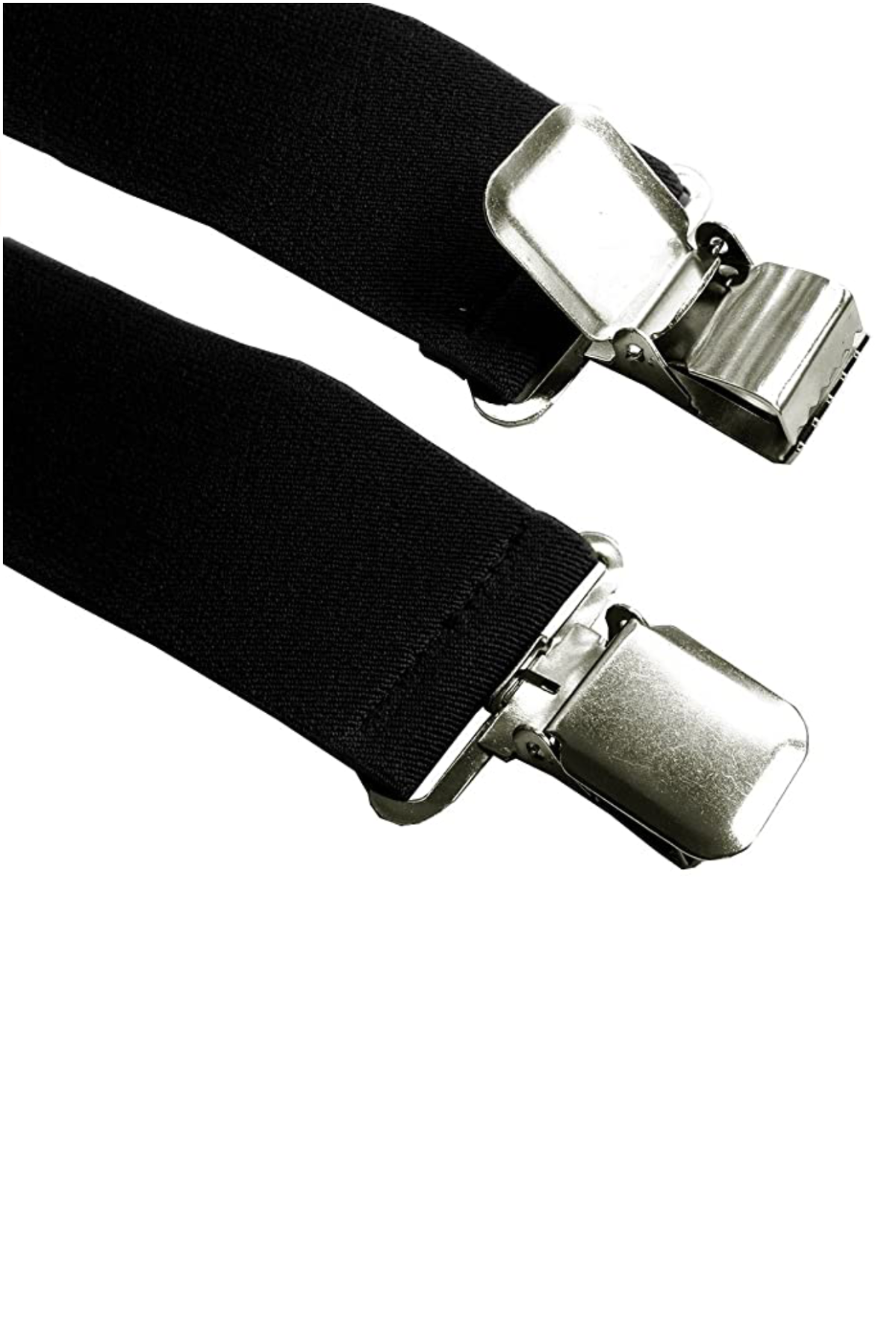 Close-up view of two high-quality clasps attached to the black elastic adjustable straps of the "Braces Extra Support 50mm." These straps are presumably part of an accessory, namely suspenders, designed for added support. The clips appear sturdy with metallic finishes, ensuring a secure grip.