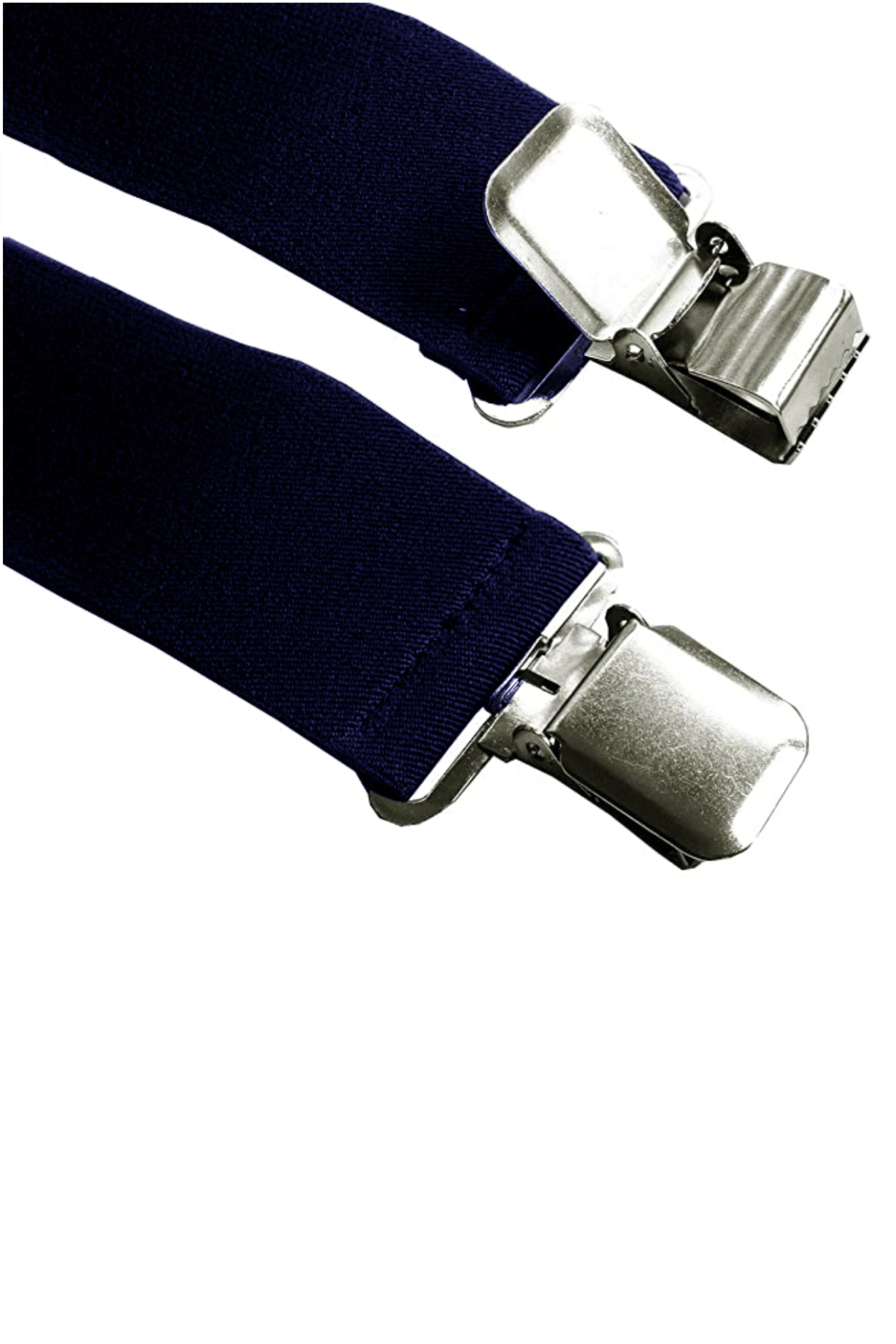Close-up of two navy blue Braces Extra Support 50mm adjustable straps with shiny silver clips on a white background. The open clips highlight their strong grip, perfect for heavy-duty x-back braces or suspenders.