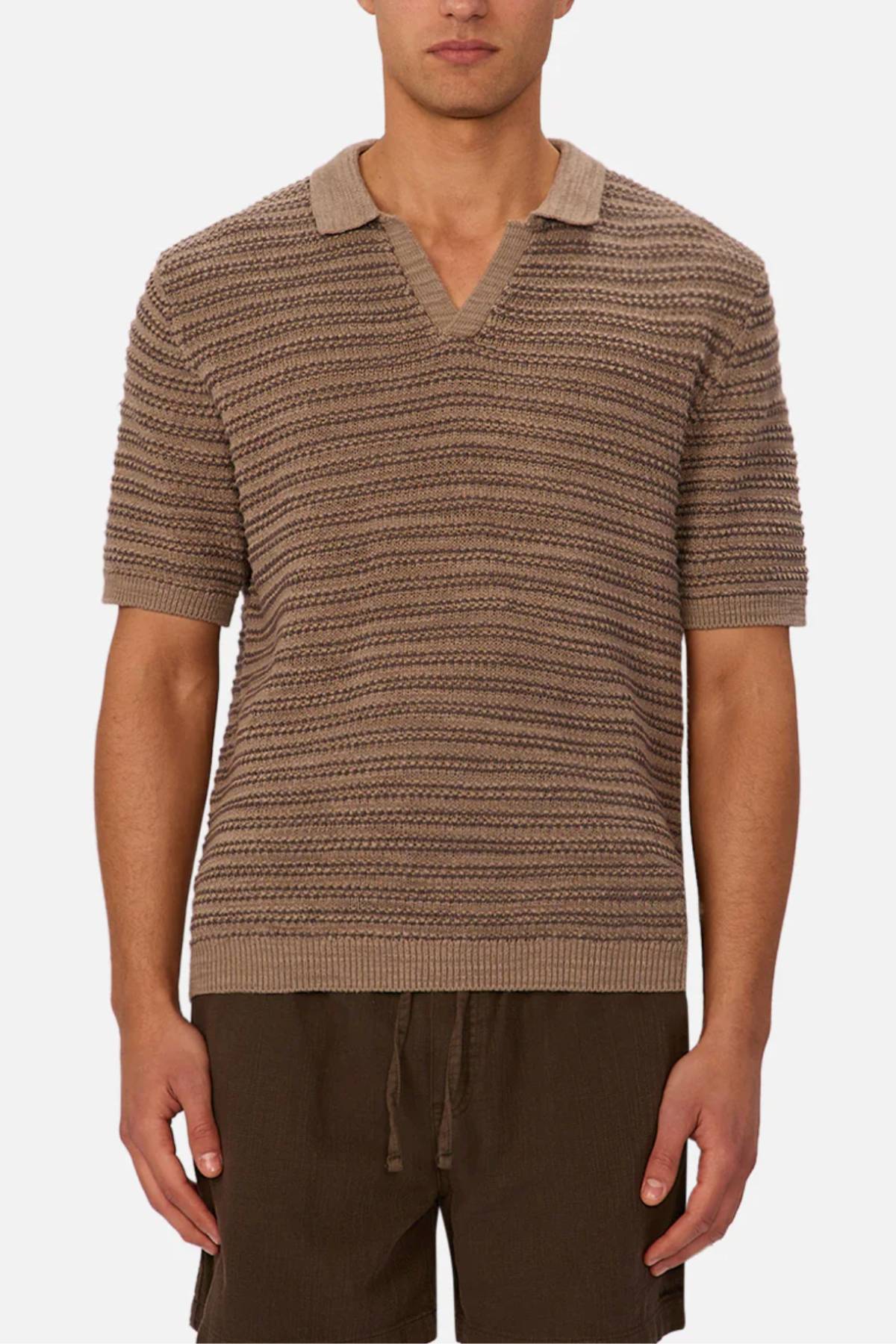 A man wearing the Industrie The Matera Polo in brown heavyweight knit.