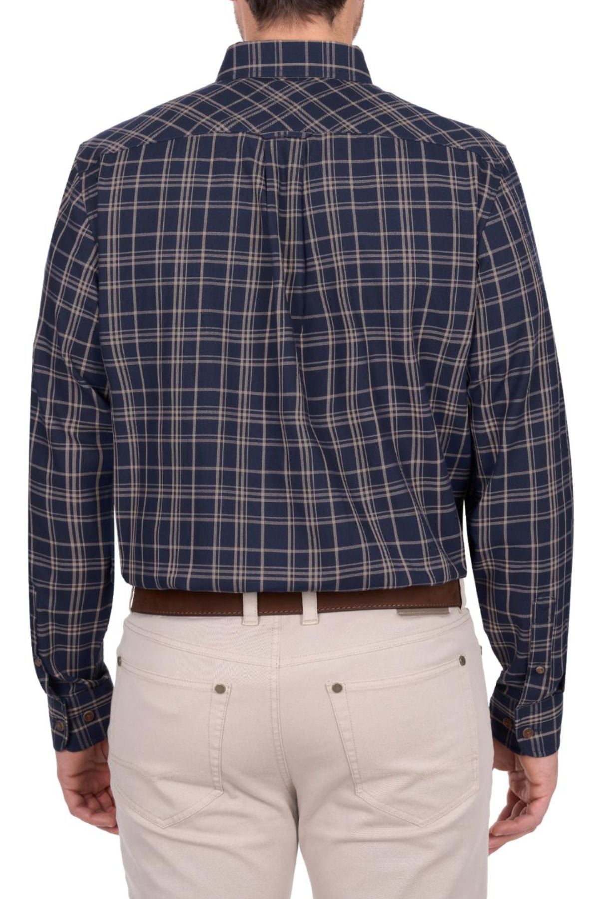 A person is shown from the back, wearing the Thomas Cook Adam Shirt—navy blue plaid, long-sleeve, 100% cotton—and light beige pants, set against a white background.