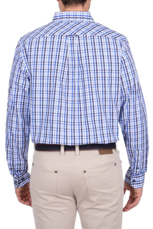 A man is shown from the back, standing against a white background, wearing a blue and white checkered long sleeve cotton Thomas Cook Andrew Shirt with beige pants.