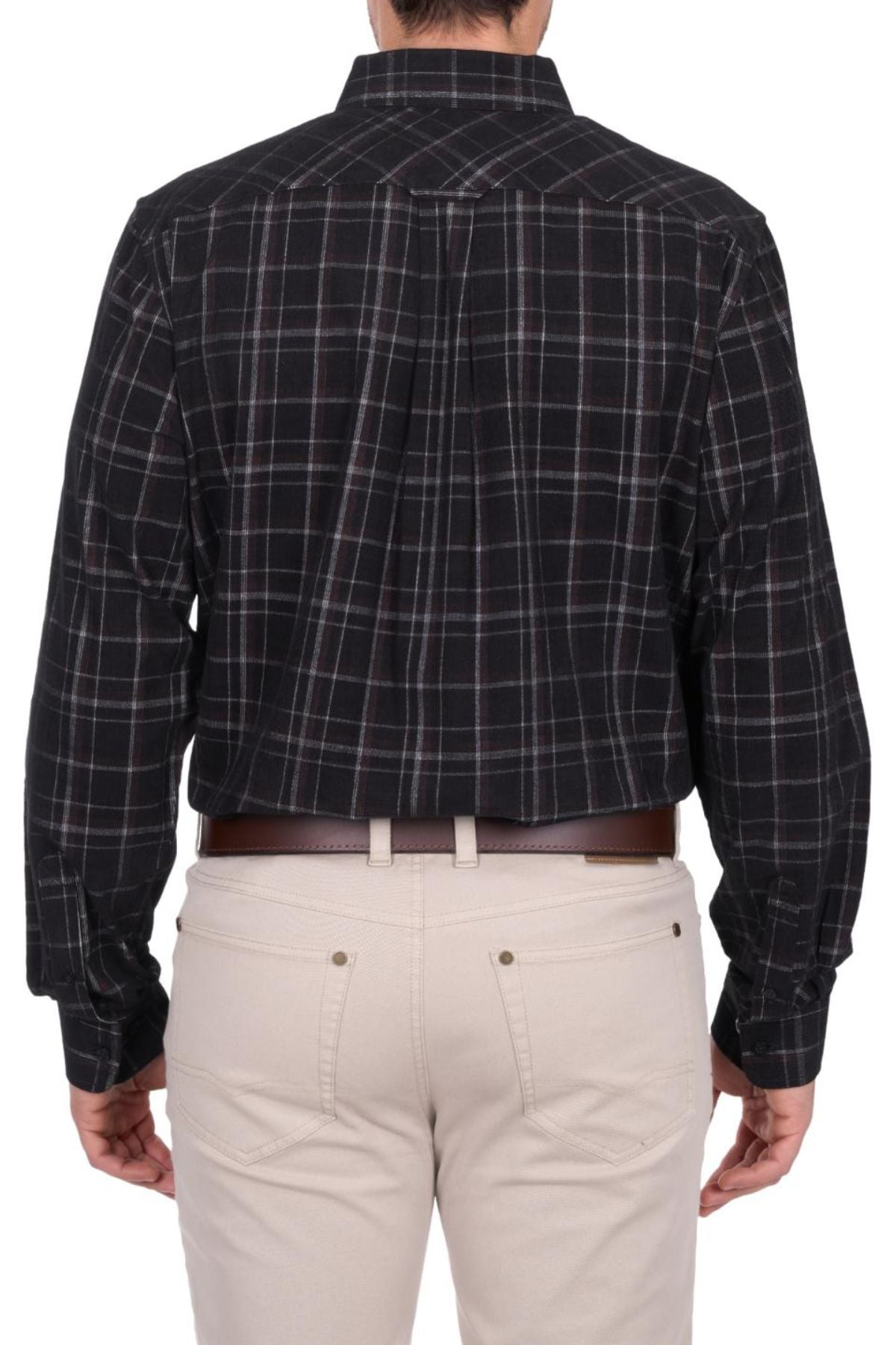 A person is shown from the back, wearing a black plaid Thomas Cook Ben Thermal Shirt and light beige pants with a brown belt against a plain white background.