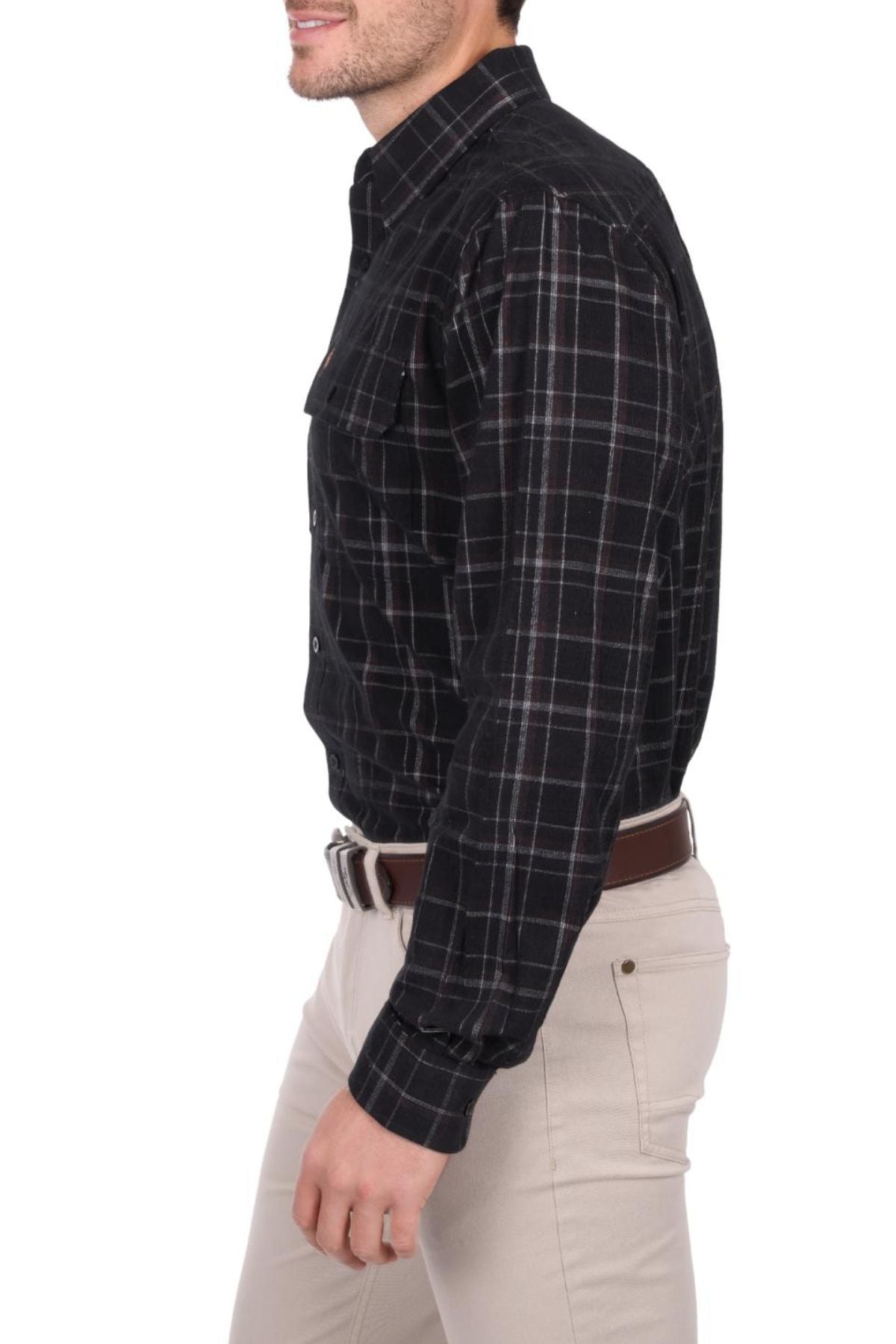 A man in a Thomas Cook Ben Thermal Shirt in black and white plaid with beige pants and a brown belt, shown from the side against a white background.