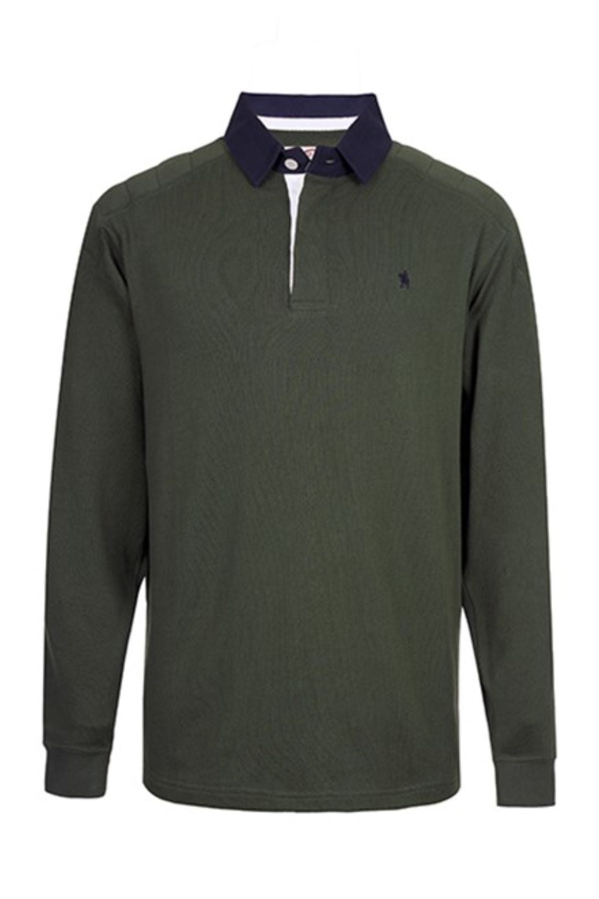 The Thomas Cook Bill Rugby is a long-sleeved, dark green cotton shirt featuring a navy collar, white button placket, quilted shoulders, and a small embroidered chest logo—classic style with modern flair.