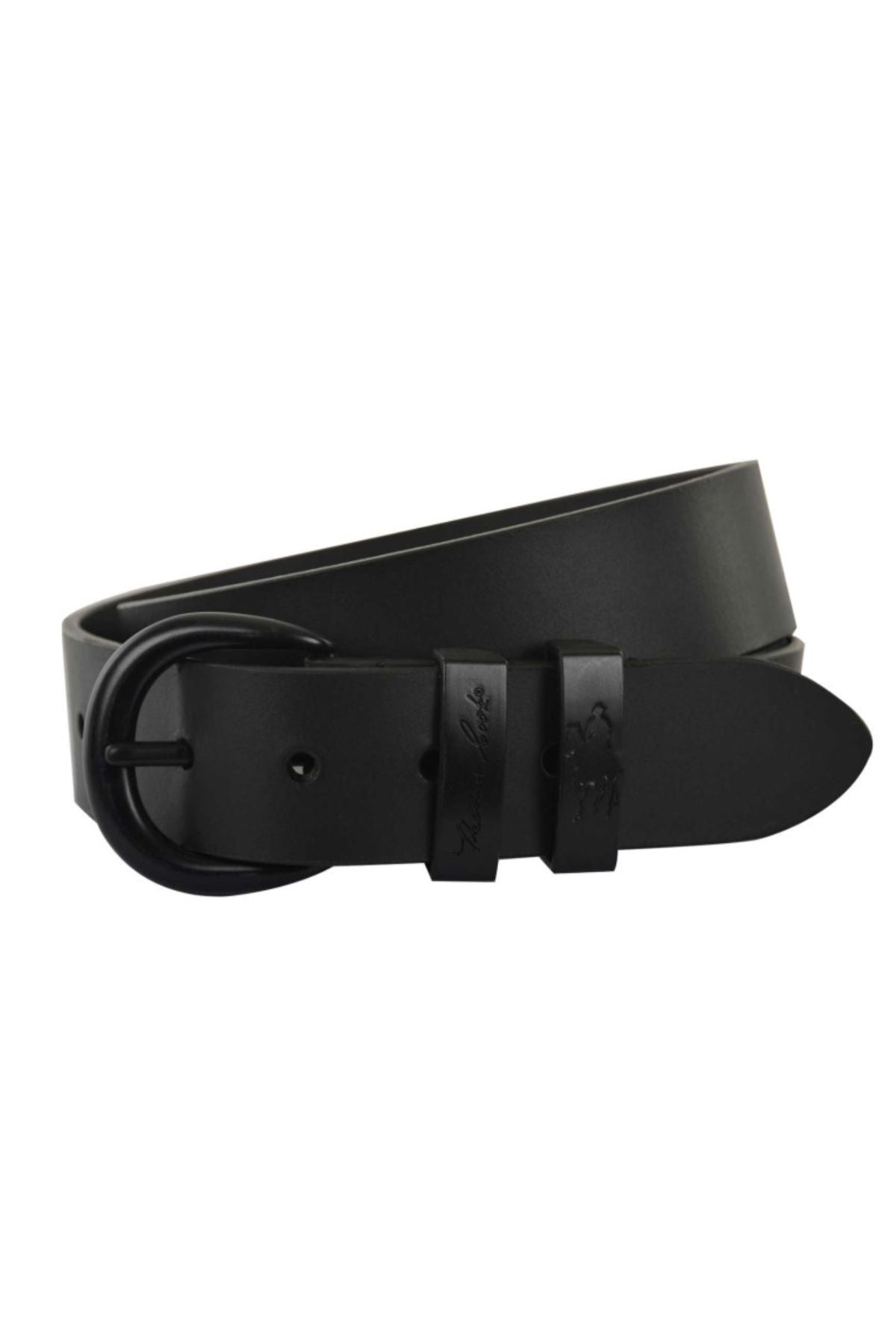 The Thomas Cook Black Twin Keeper Belt is crafted from genuine black leather with a matte finish, and features a black metal buckle and twin keeper loops. The belt is coiled buckle-forward for a sleek, modern style.
