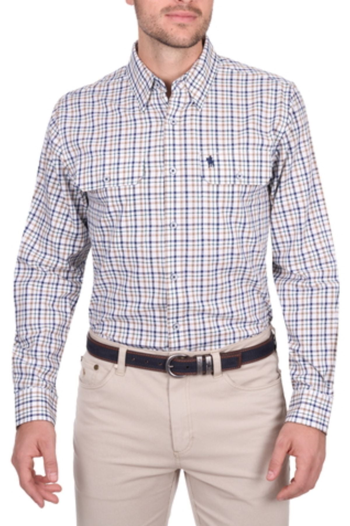 A man wears the Thomas Cook Chad Shirt, a long-sleeve, button-up plaid cotton shirt in white, blue, and tan with a small chest logo, paired with light beige pants and a dark brown belt.