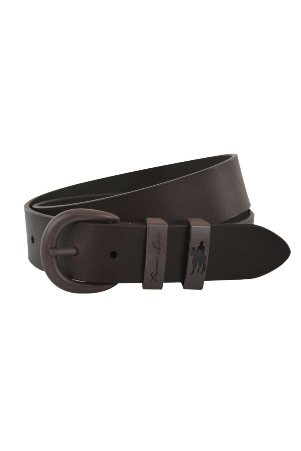 The Thomas Cook Chocolate Twin Keeper Belt is a dark brown genuine leather belt with a rounded metal buckle, one engraved and one embossed keeper featuring a horse and rider logo, coiled and displayed on a white background.