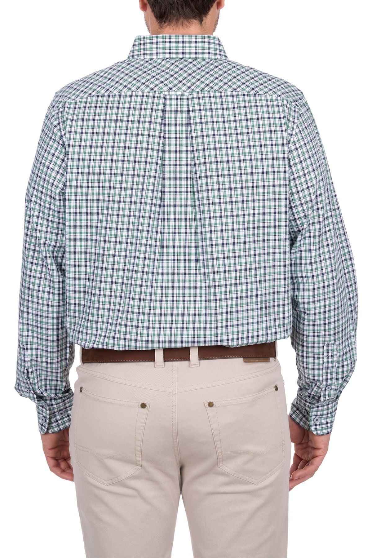 A person shown from the back wearing the Thomas Cook Edward Shirt, a green, blue, and white plaid cotton long-sleeve shirt, paired with beige pants.