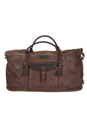The Thomas Cook Gundaroo Duffle Bag is a large brown waxed canvas duffle with leather handles and accents, a front pocket with buckle closure, and a zippered top—perfect for stylish travel.