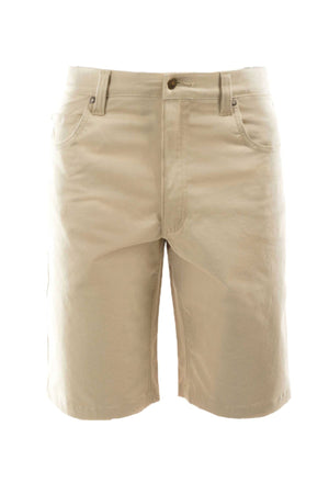Thomas Cook Jake Comfort Waist Short in beige, knee-length with front/back pockets, belt loops, button closure, and stretch fabric for comfort. Displayed on a plain white background.