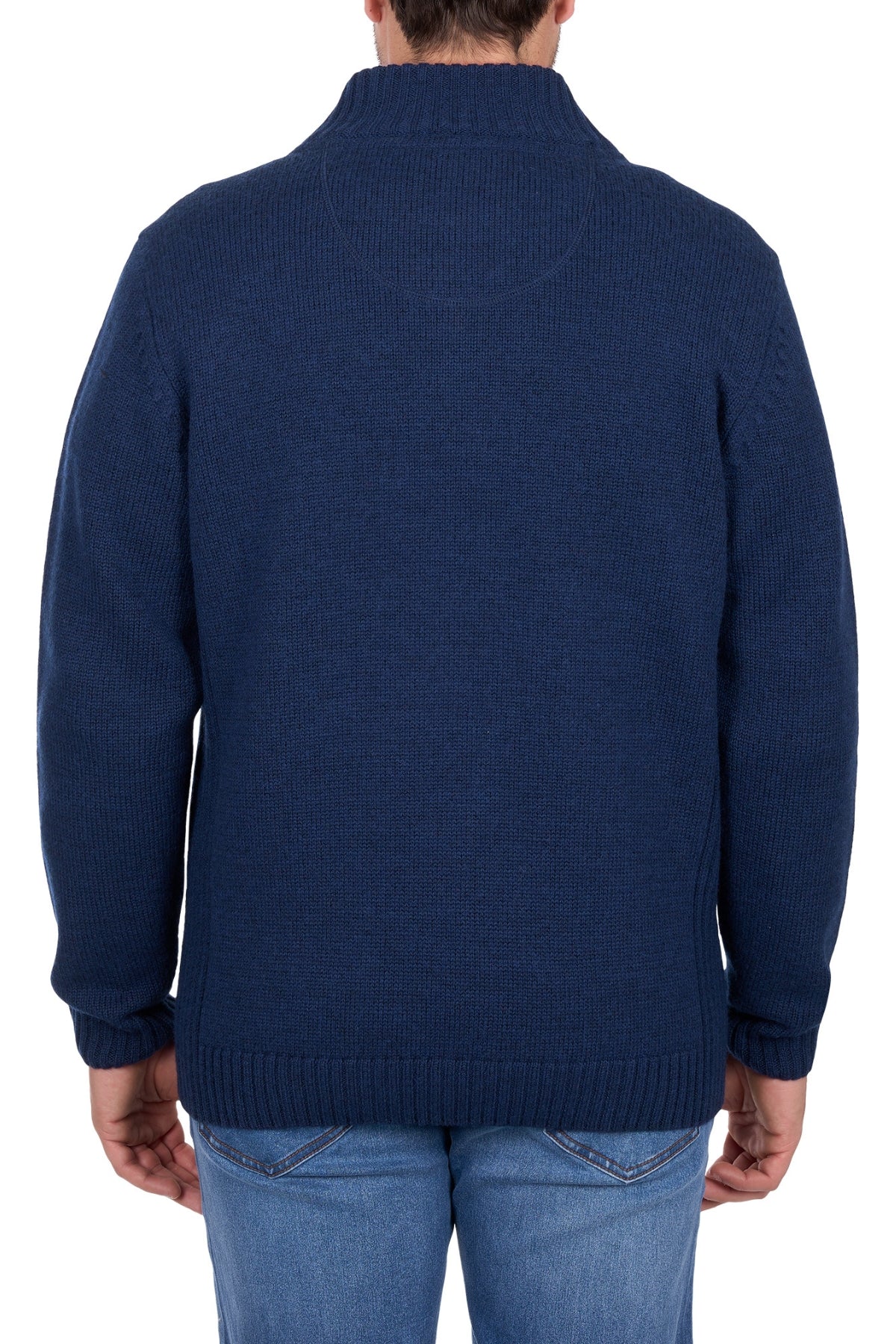 A person wearing a Thomas Cook Jesse 1/4 Zip Jumper in dark blue wool and light blue jeans, shown from the back against a white background.