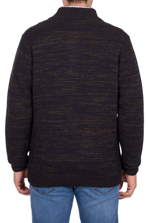 A person wearing the Thomas Cook Jesse 1/4 Zip Jumper—a dark brown and black chunky rib knit sweater—and blue jeans, shown from the back against a white background.