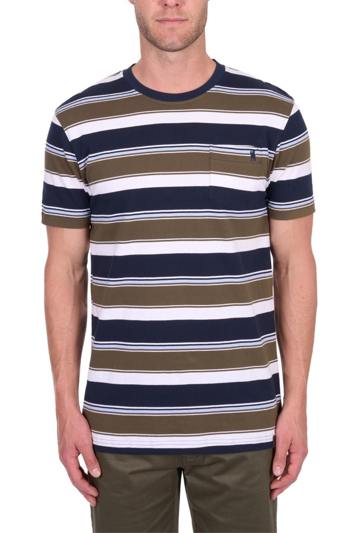 A man in the Thomas Cook Keith Stripe Tee—a multi-colour striped shirt with navy, white, and olive stripes, a chest pocket with horseman embroidery—paired with olive pants stands against a plain background.