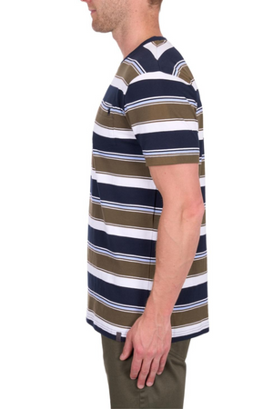 A man in a side view pose wears the Thomas Cook Keith Stripe Tee, a short-sleeved shirt with navy blue, white, and olive green stripes and horseman embroidery, paired with olive green pants. His face is partially hidden.
