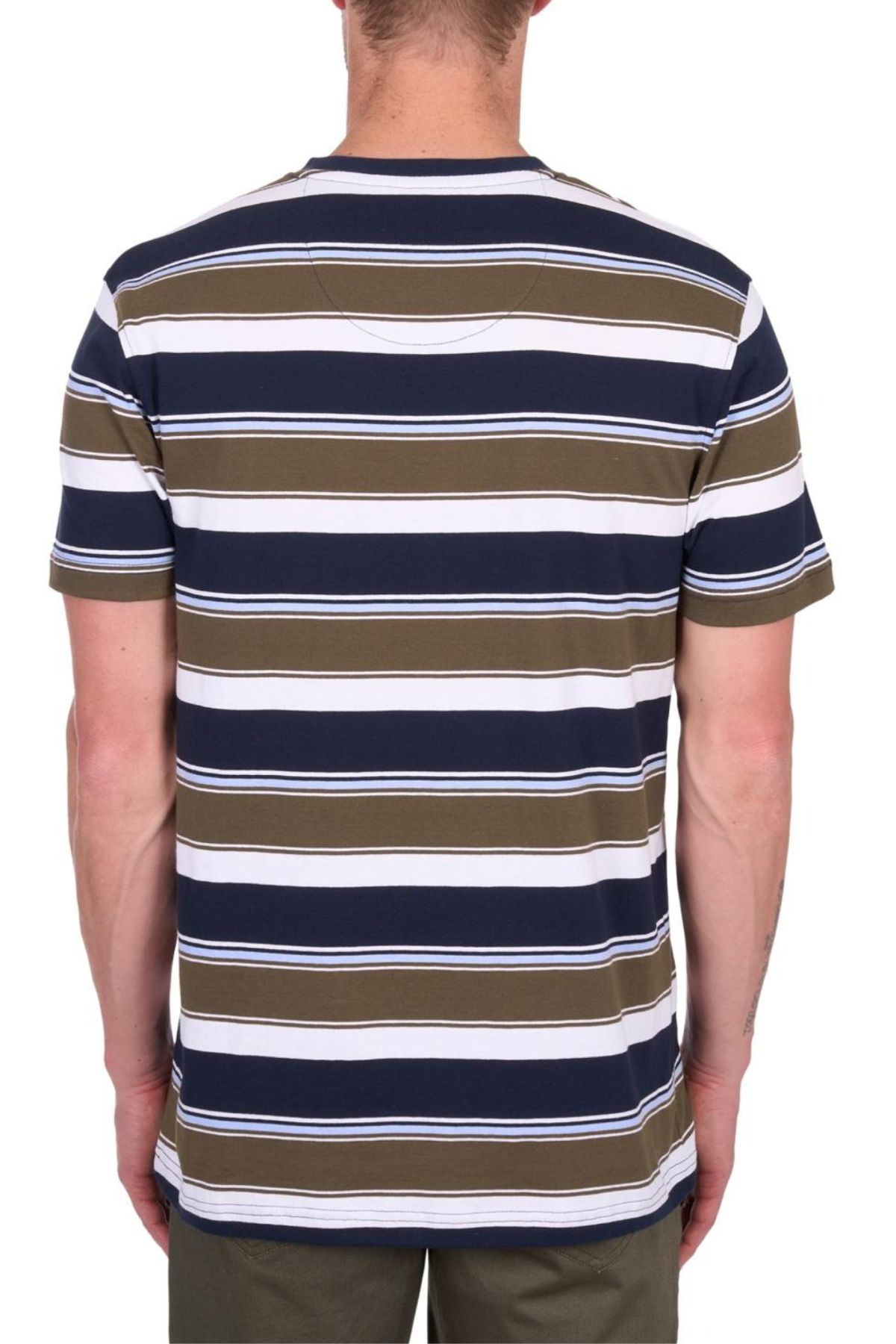 A person is shown from the back wearing a Thomas Cook Keith Stripe Tee featuring horizontal navy blue, white, and olive green stripes, paired with olive green pants.