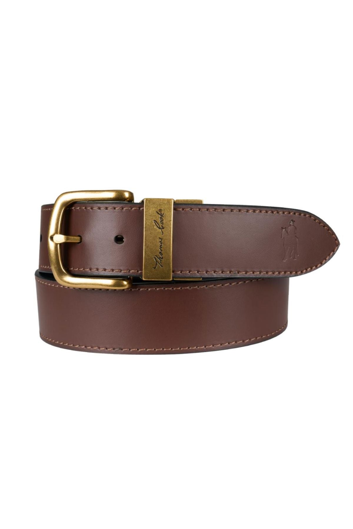 The Thomas Cook Lincoln Reversible Belt features genuine brown leather, a gold buckle with engraved plate, visible edge stitching, and an embossed logo near the tip for a classic, durable look.