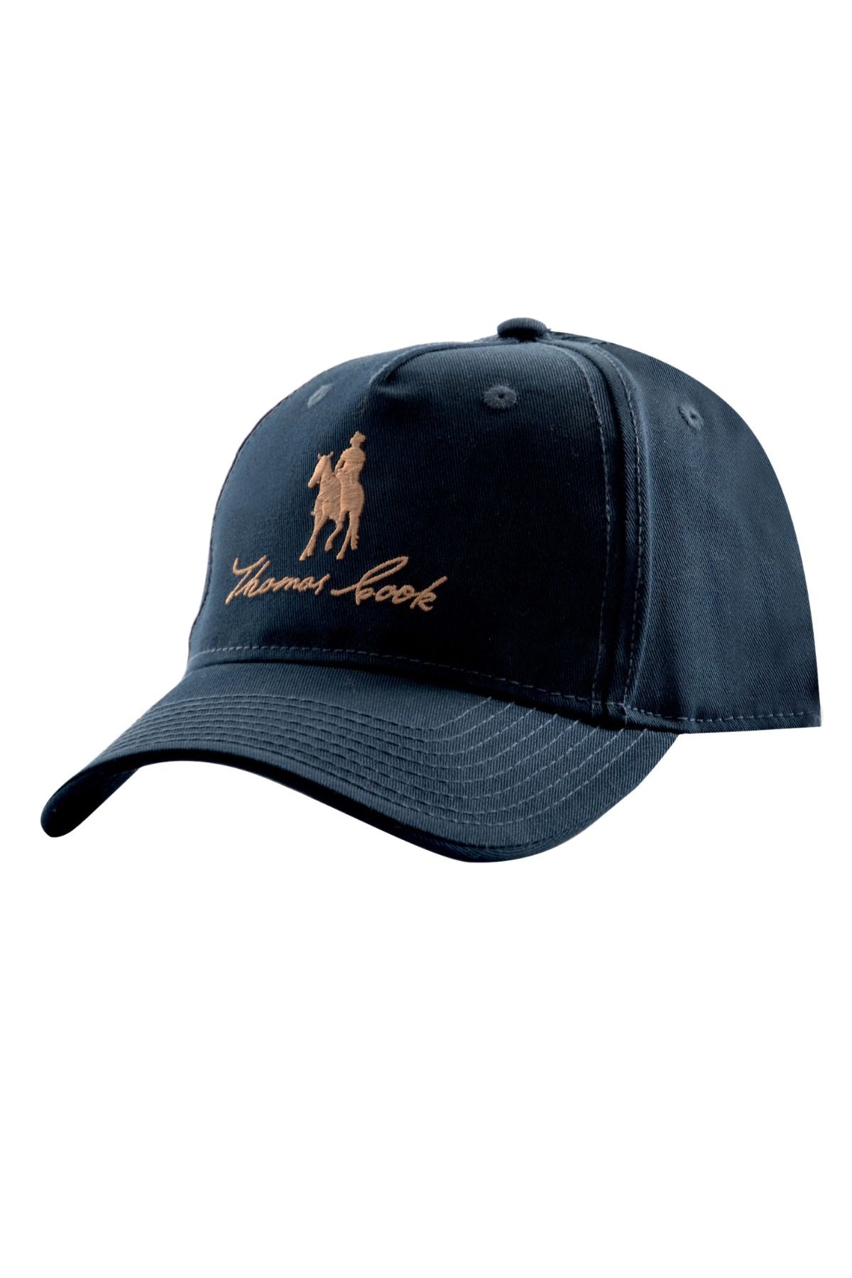 The Thomas Cook Logo Cap is a black baseball cap with a curved brim, detailed with a tan embroidered polo player and "Thomas Cook" on the front. It features an adjustable clasp for comfort. Shown against a plain white background.