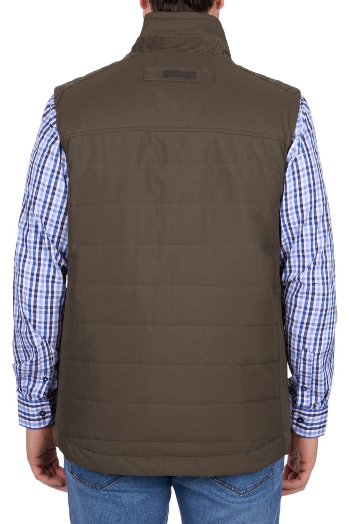 A person wearing the Thomas Cook Matt Vest over a blue and white checkered long-sleeve shirt and blue jeans, shown from the back against a plain white background.