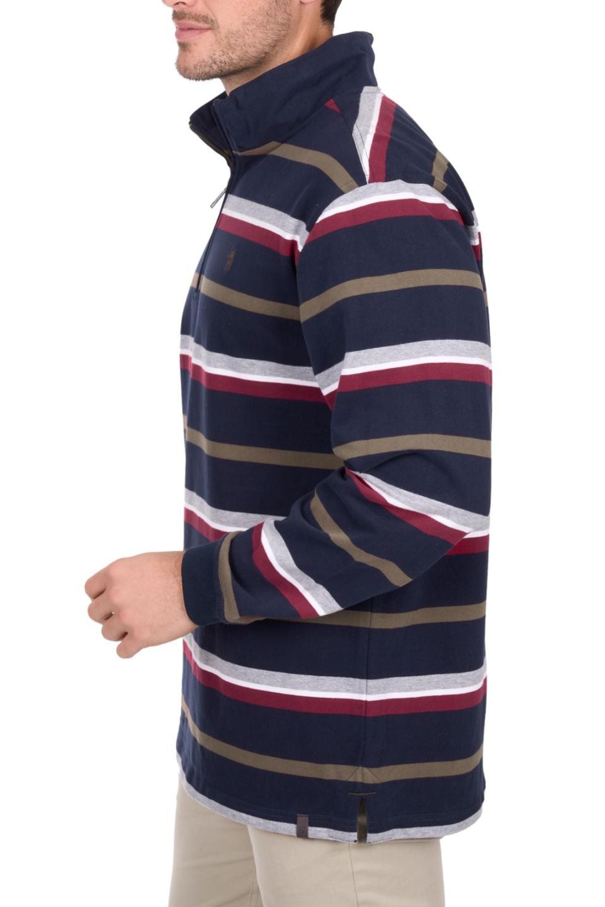 A man, shown from the side with his face partially out of frame, wears the Thomas Cook Nicholas 1/4 Zip Rugby—a heavyweight jersey knit with navy, white, red, and olive green stripes—against a white background.