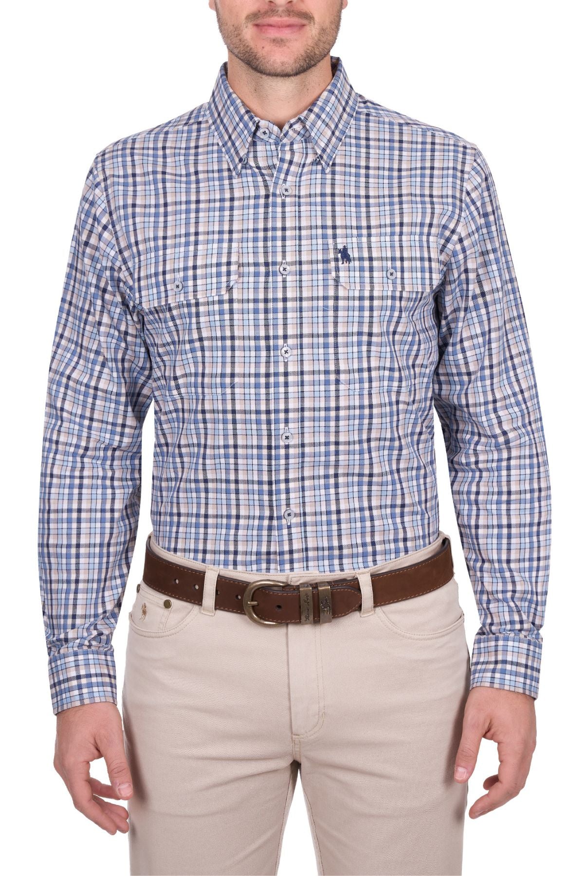A man wears the Thomas Cook Patrick Shirt in blue and white plaid, paired with beige pants and a brown belt, standing against a plain white background.