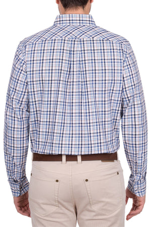 A person wearing the Thomas Cook Patrick Shirt, a blue and white plaid cotton long-sleeve shirt, tucked into beige pants with a brown belt, is shown from the back.
