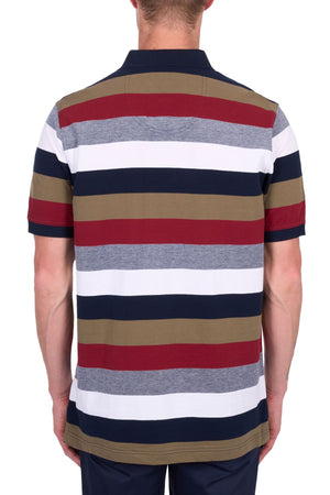A man with short hair is seen from the back wearing a Thomas Cook Sean Polo, a cotton pique polo featuring multi-colour horizontal stripes in red, navy blue, white, olive green, and gray with short sleeves and a collar.