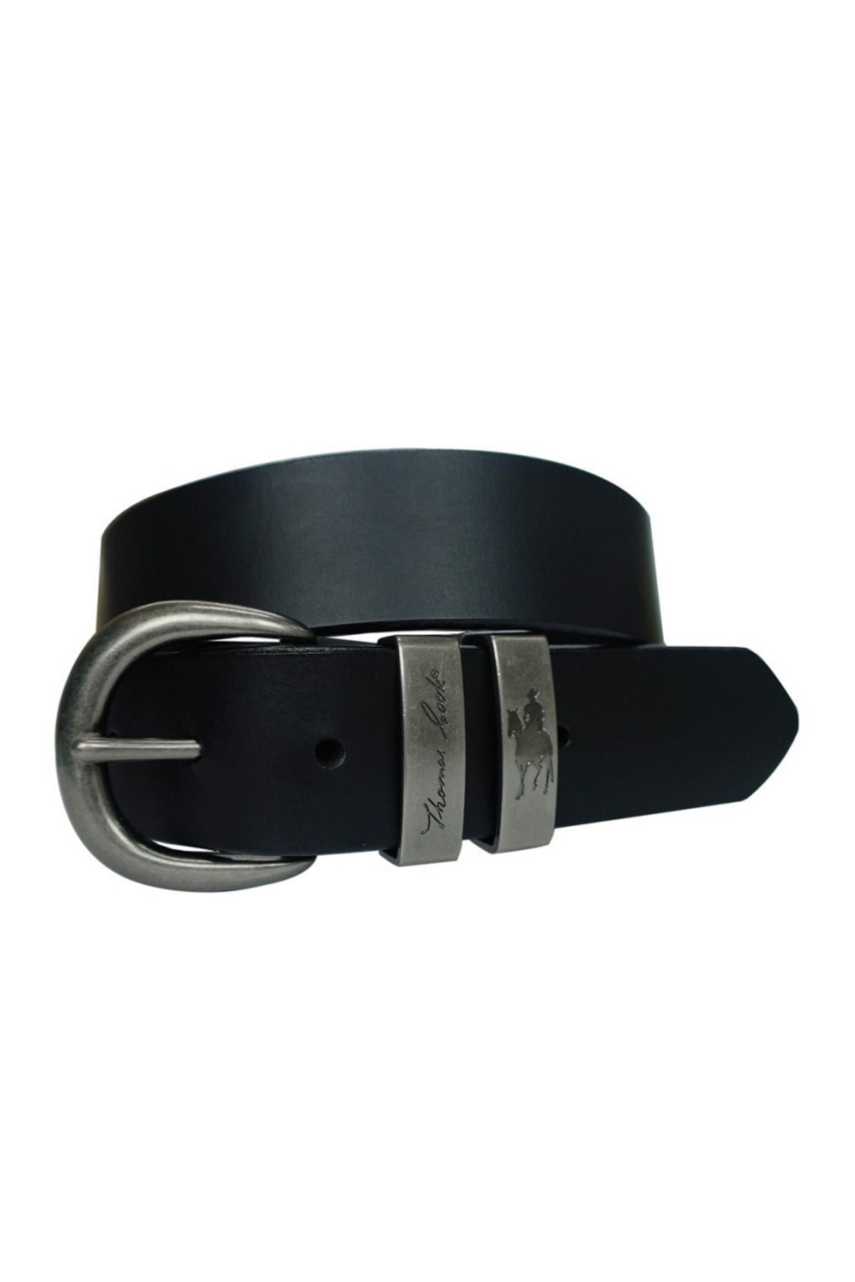 The Thomas Cook Silver Twin Keeper Belt is crafted from genuine black leather, featuring a silver buckle and two keeper loops—one engraved with a horse and rider, the other with elegant cursive script.