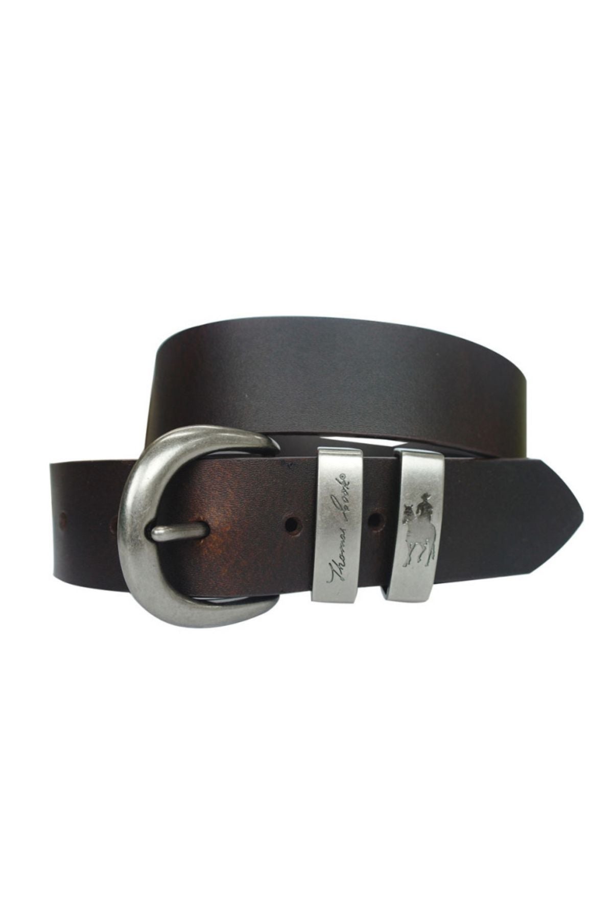 The Thomas Cook Silver Twin Keeper Belt is a dark brown genuine leather belt featuring a rounded metal buckle and two engraved silver loops, shown on a white background.