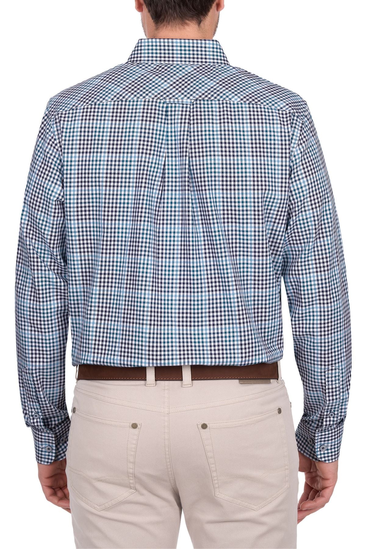 A man seen from the back against a white background wears a blue and white checkered Thomas Cook Stephen Shirt—a 100% cotton men’s work shirt—with light beige pants.