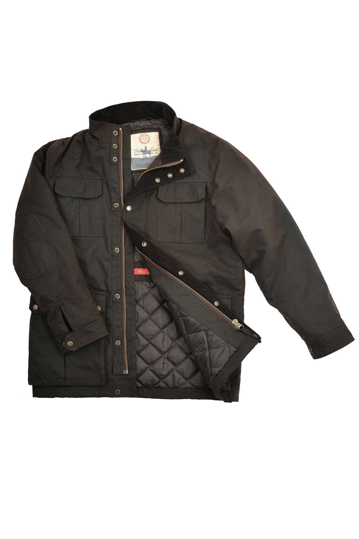 The Thomas Cook Tarcutta Oilskin Jacket is a dark brown, long-sleeve waxed cotton jacket with snap buttons, chest pockets, and visible quilted black lining. It is partially unzipped and laid flat on a white background.