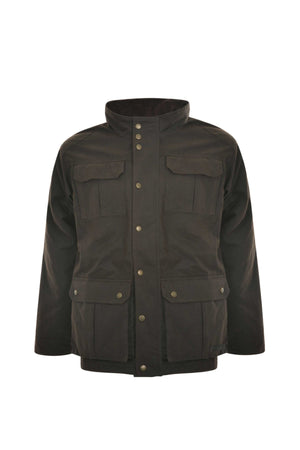 The Thomas Cook Tarcutta Oilskin Jacket is a dark brown waxed cotton coat featuring a high collar, snap-button front, and four large flap pockets. Its rugged, utilitarian design offers both style and durability.