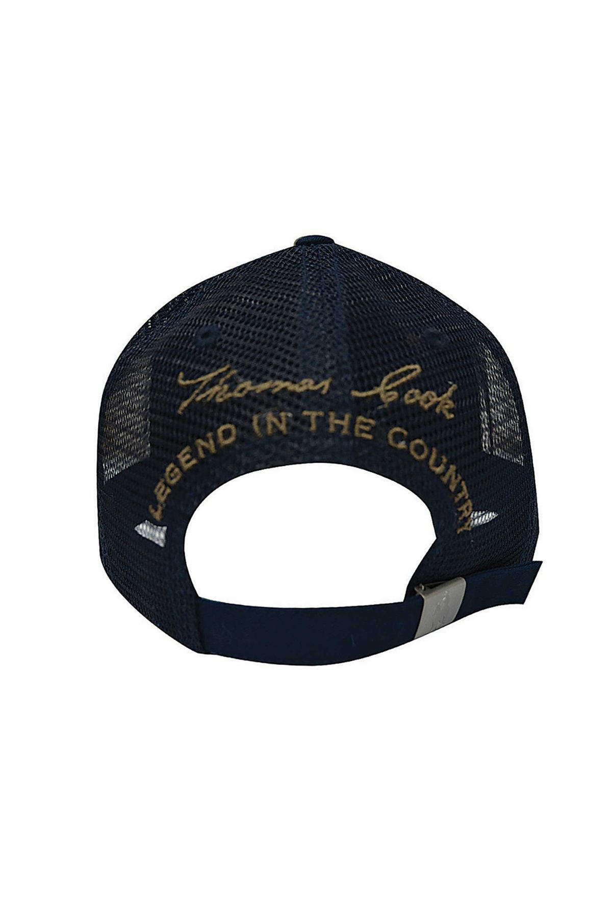 A navy blue Thomas Cook Thomas Trucker Cap seen from the back, displaying yellow "Thomas Cook" and "LEGEND IN THE COUNTRY" embroidery above its adjustable mesh strap.