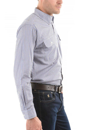 A man in a blue and white checked Thomas Cook Wentworth Shirt, dark blue jeans, and a black belt stands sideways against a white background.