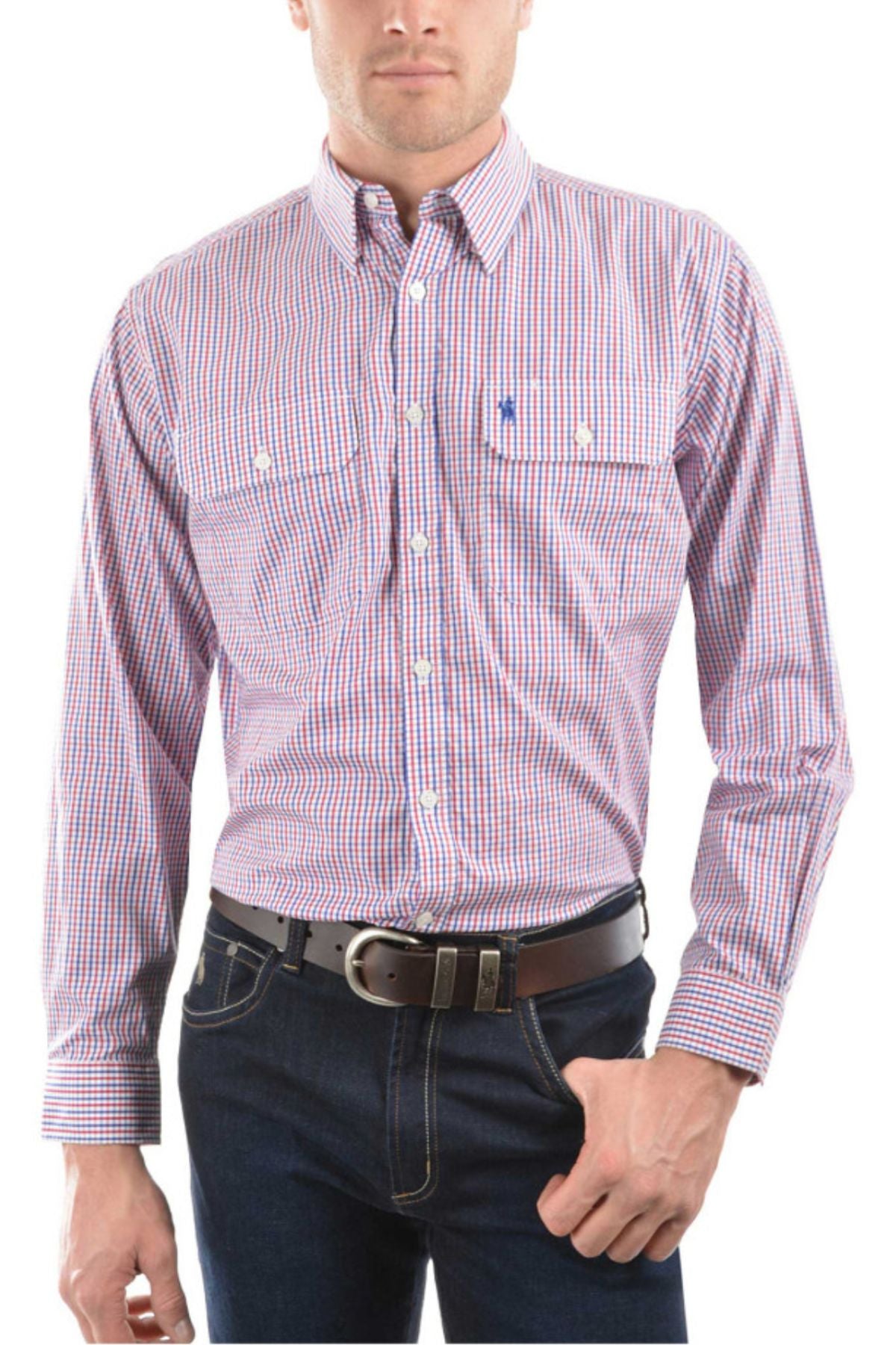 A man wearing a Thomas Cook Wentworth Shirt in a red, blue, and white check pattern with double chest pockets, paired with dark blue jeans and a black belt.