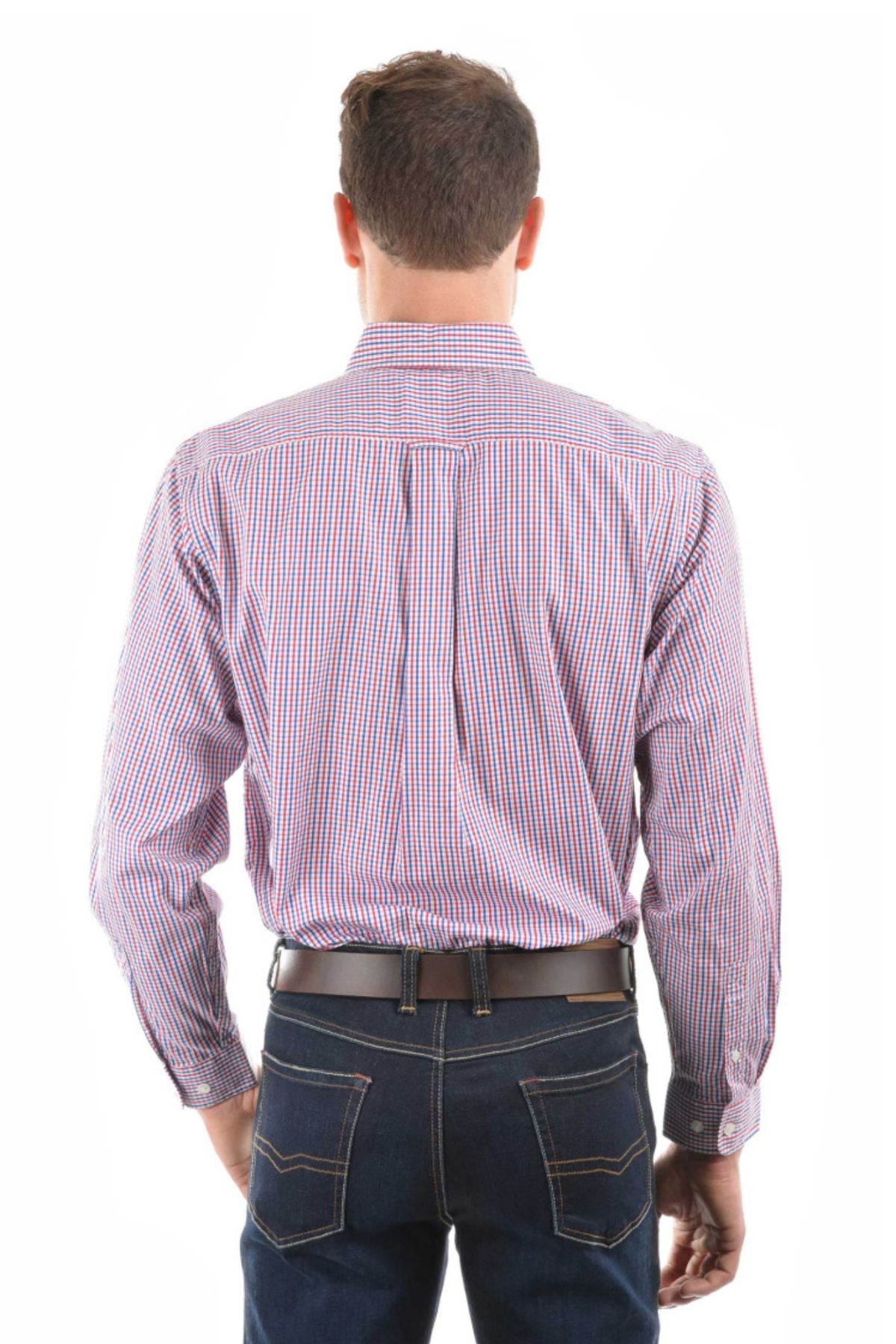 A man is seen from behind wearing a Thomas Cook Wentworth Shirt, a classic fit cotton shirt with red, blue, and white checks and double chest pockets, tucked into dark blue jeans with a brown belt. The background is plain white.