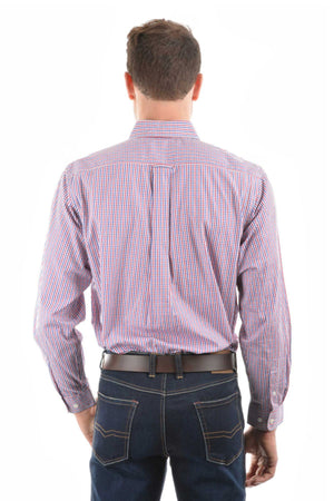 A man is seen from behind wearing a Thomas Cook Wentworth Shirt, a classic fit cotton shirt with red, blue, and white checks and double chest pockets, tucked into dark blue jeans with a brown belt. The background is plain white.