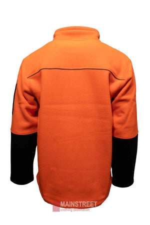 The MakRear Sherpa Polar Fleece Jacket is shown from the back, featuring a full zip front. It has an orange upper section contrasting with black polyester lower sleeves, and "MAINSTREET clothing destination" is printed at the bottom.