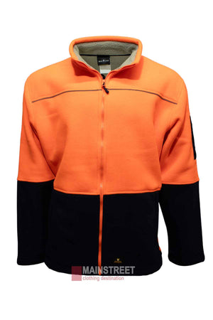 The MakRear Sherpa Polar Fleece Jacket is orange and black with a high collar and full zip front. Made from durable polyester, it includes patch detailing on one sleeve and a small logo near the zipper line.