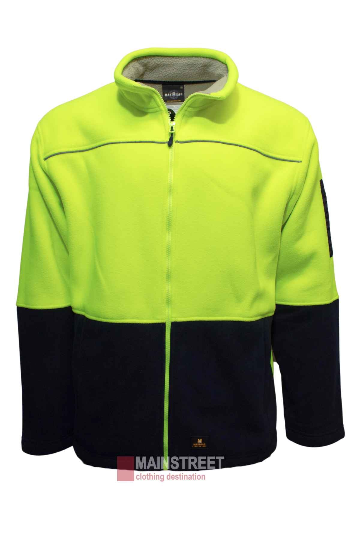 The MakRear Sherpa Polar Fleece Jacket has a full zip, bright yellow upper, black lower half and cuffs, upright collar, and warm sherpa lining for comfort and high visibility.