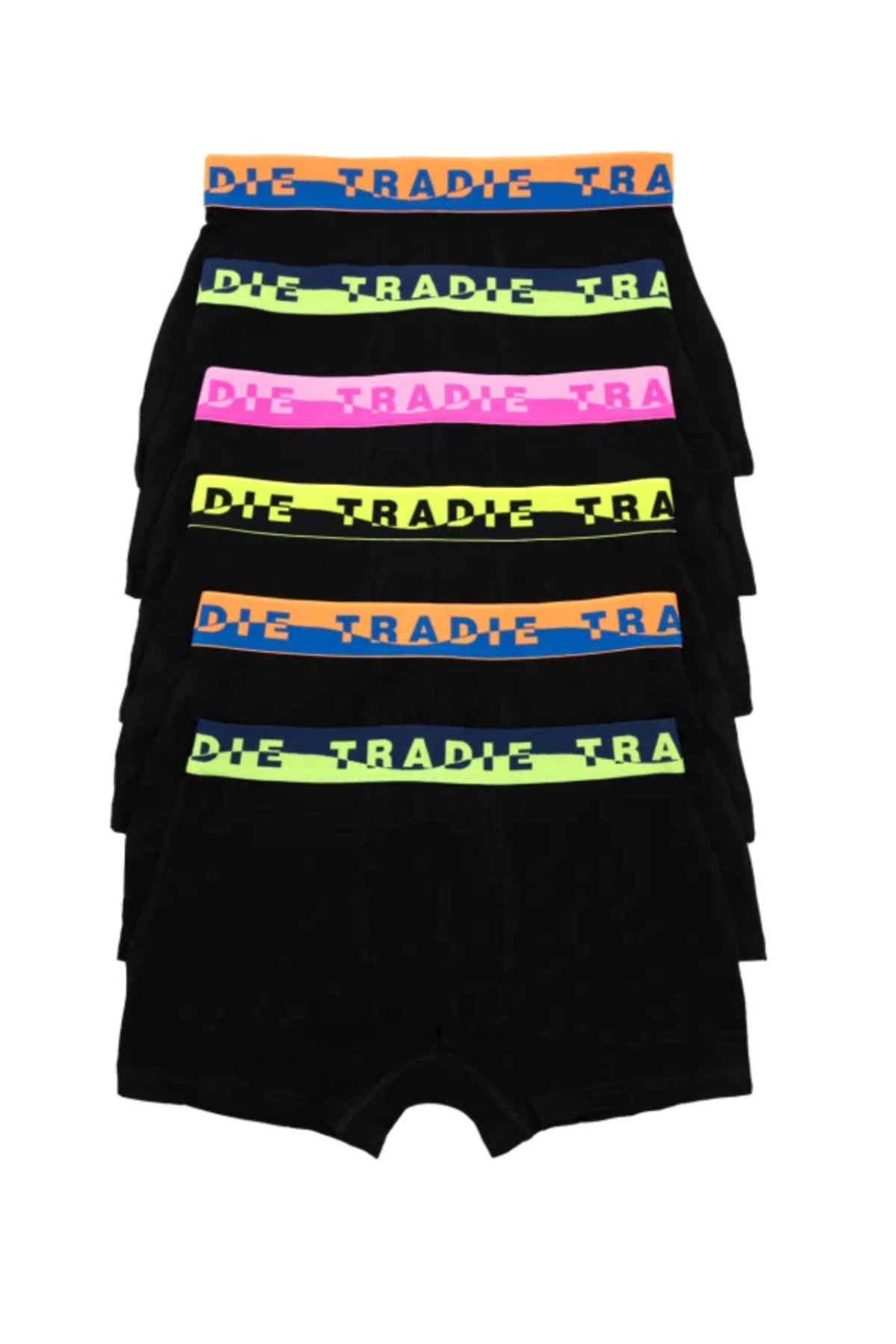 A pack of six black Tradie Mens 6PK Trunk cotton trunks, each with a bold "TRADIE" print on vibrant blue, orange, pink, yellow, or green waistbandsβcombining comfort and style for everyday men's underwear.