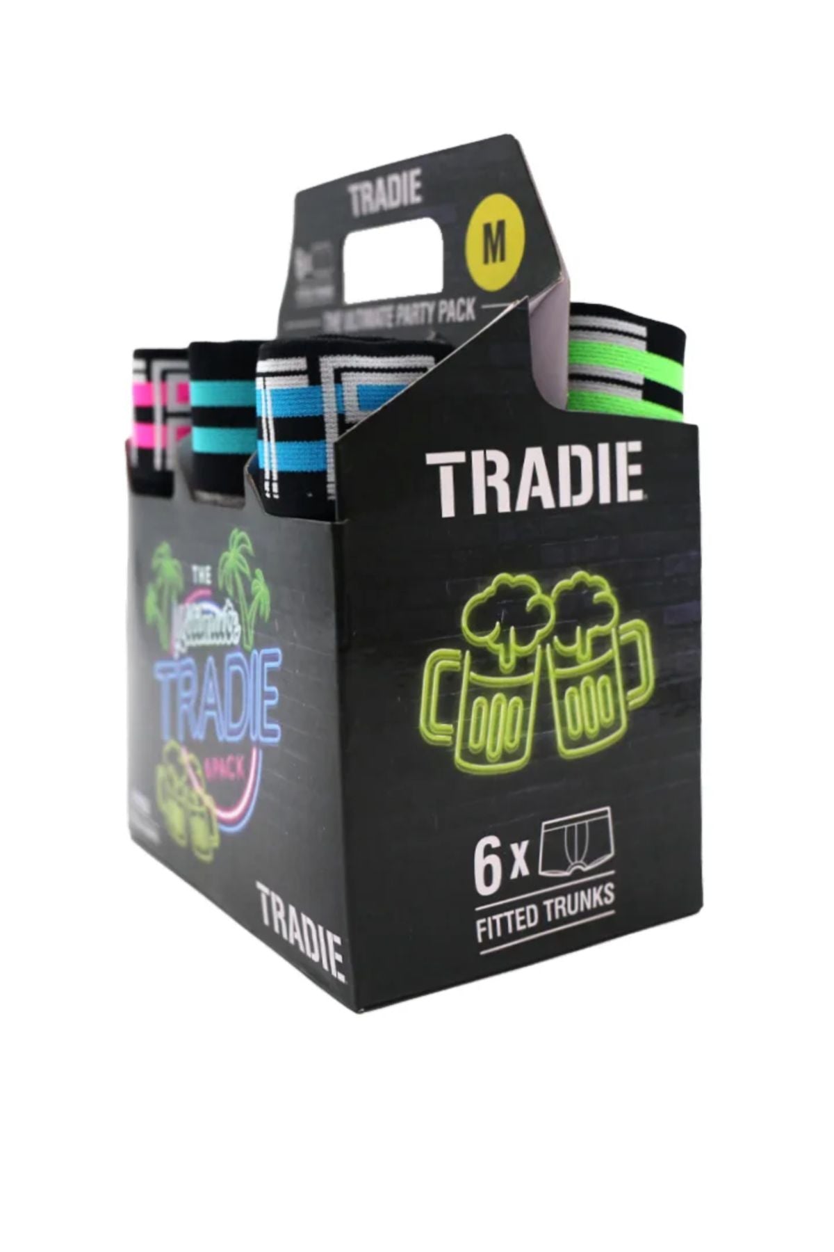 A black "TRADIE" box holds six pairs of Tradie Mens 6PK Trunk in size M, each with multi-coloured striped waistbands. The packaging shows neon beer mugs and palm trees. Made from a comfortable cotton elastane blend.