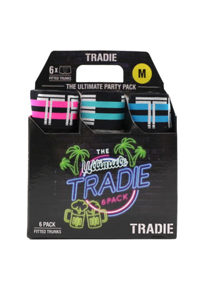 The Tradie Mens 6PK Trunk features a cotton elastane blend, multi-coloured waistbands, and playful neon-style graphics with beer mug prints for a fun look.