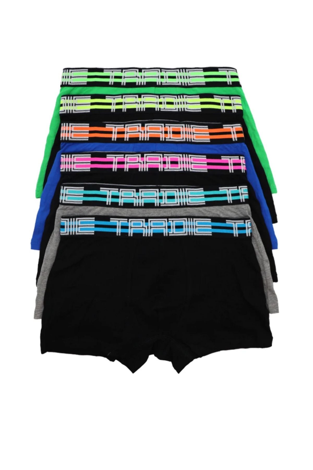 A set of six pairs of Tradie Mens 6PK Trunk boxer briefs, made from a cotton elastane blend, each featuring multi-coloured waistbands with bold "TRADE" branding, displayed in a fan arrangement on a white background.