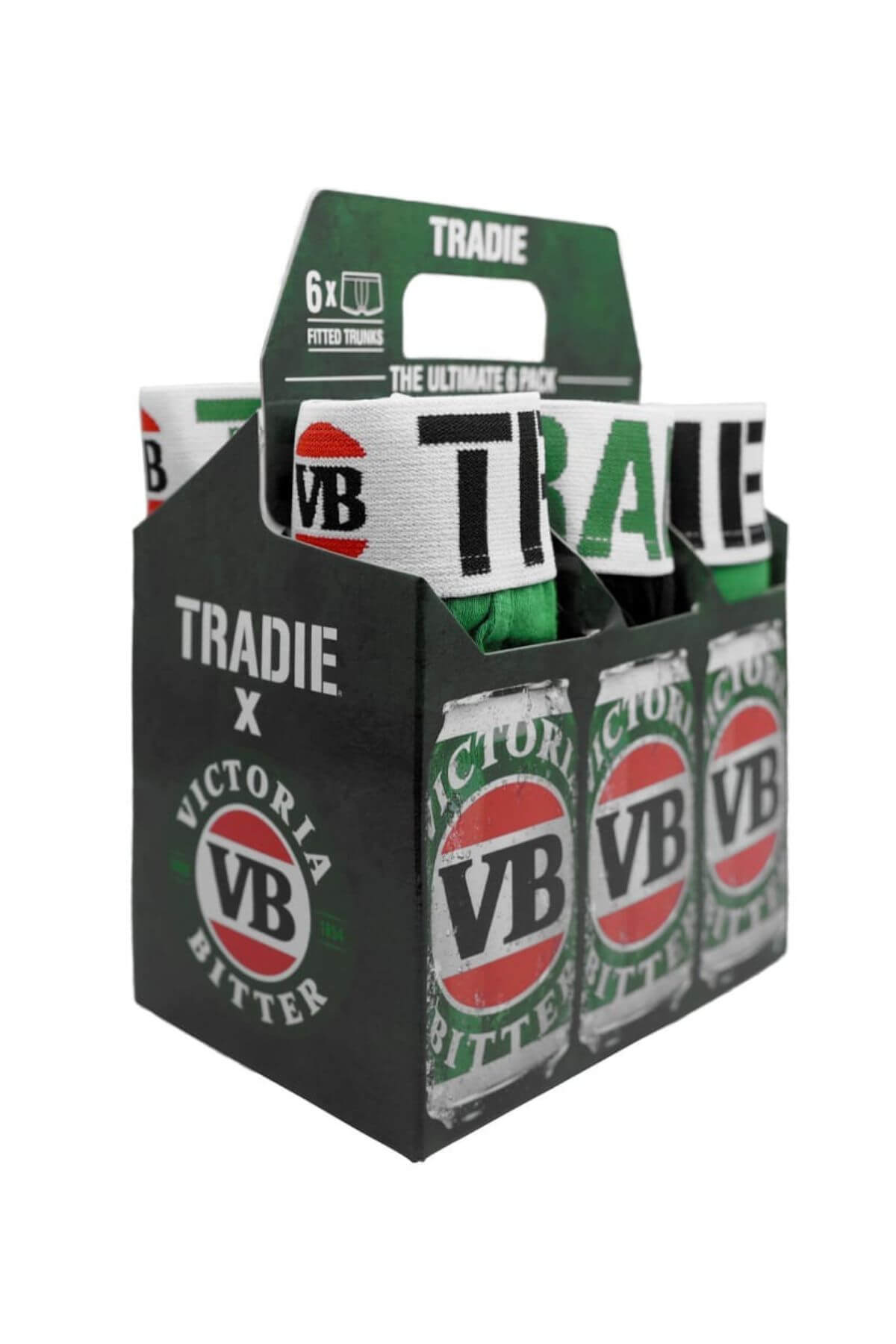 The Tradie Mens 6PK Trunk features soft Cotton/Elastane trunks in a beer carton-inspired box, with green, black, and white Victoria Bitter branding on both the packaging and waistband for a comfortable, unique style.