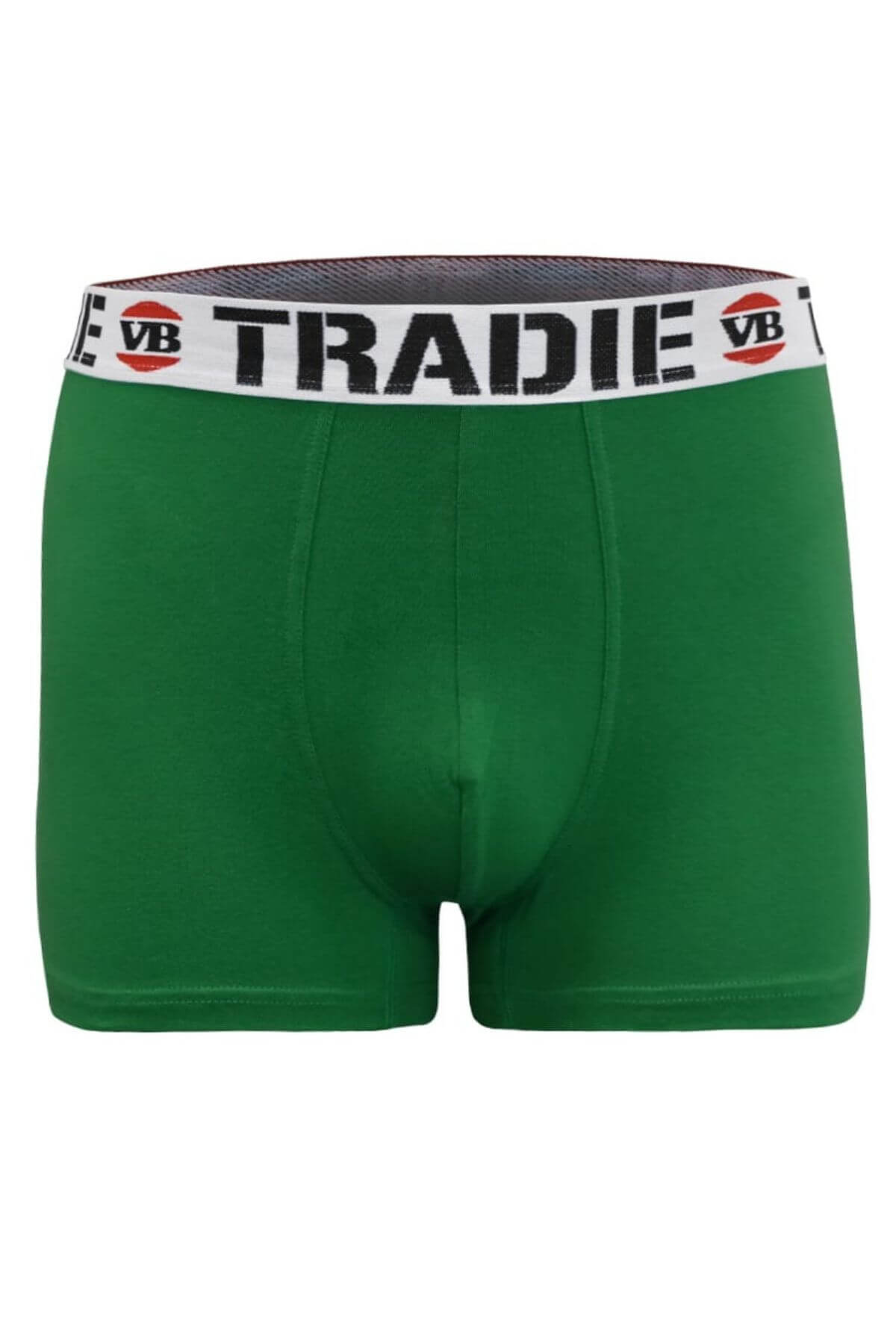 The Tradie Mens 6PK Trunk features green men's trunks with a white elastic waistband, bold black "TRADIE" lettering, red "VB" logos, and a sleek, comfortable fit in a Cotton/Elastane blend.