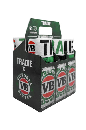 The Tradie Mens 6PK Trunk features soft Cotton/Elastane trunks in a beer carton-inspired box, with green, black, and white Victoria Bitter branding on both the packaging and waistband for a comfortable, unique style.