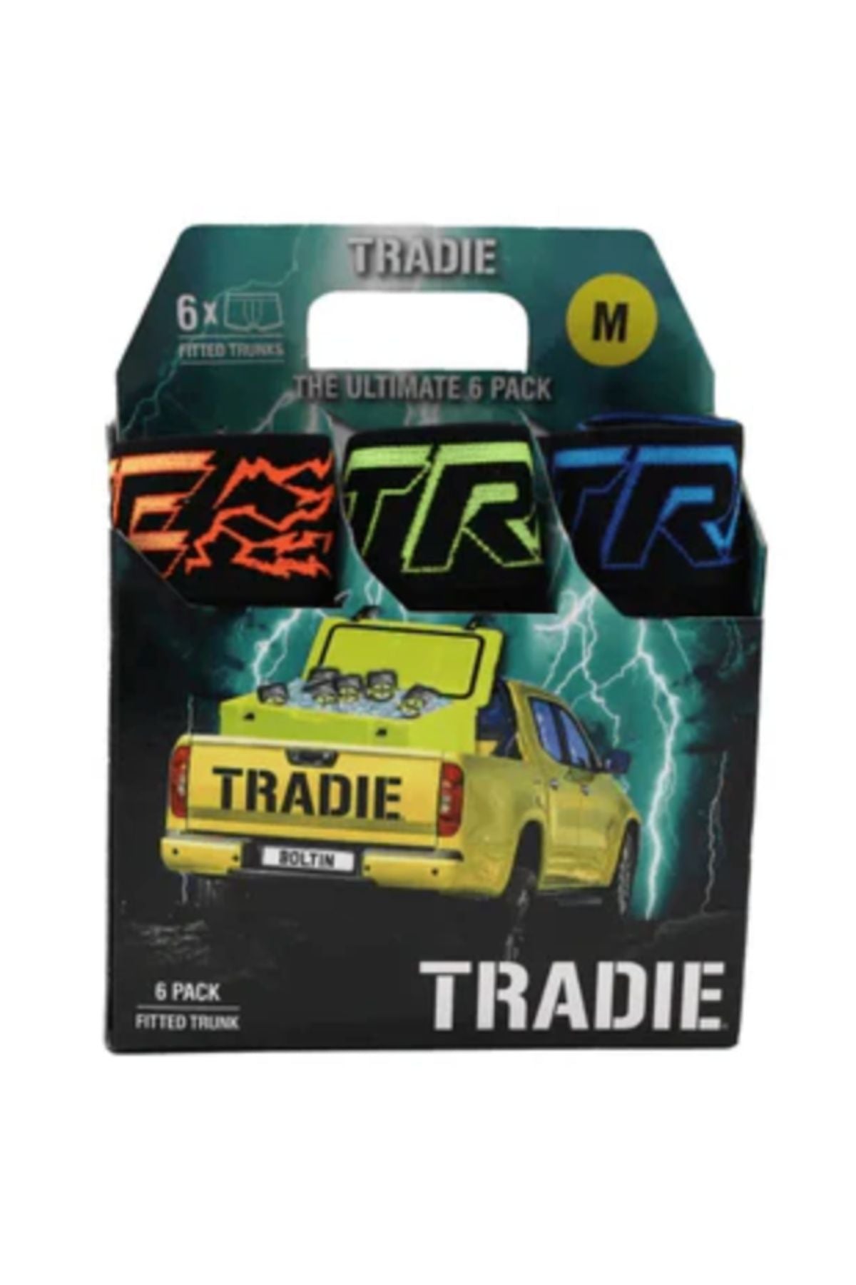 The Tradie Mens 6PK Trunk set comes boxed with a yellow ute design, "TRADIE" branding, and lightning graphics. The six cotton trunks include black pairs featuring bold waistbands in orange, green, and blue.