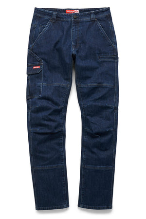 The Hard Yakka Dyneema Tough Jean is a dark blue slim fit carpenter pant with multiple pockets, a side tool pocket, hammer loop, reinforced stitching, and a red brand label above the left pocket, shown laid flat on a white background.